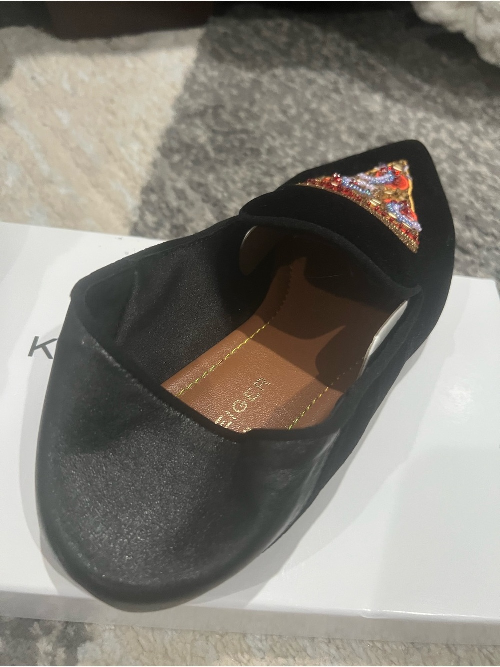 Kurt Geiger Black Velvet Pointed Loafers with Pizza and Beer Appliqués - Picture 9 of 9